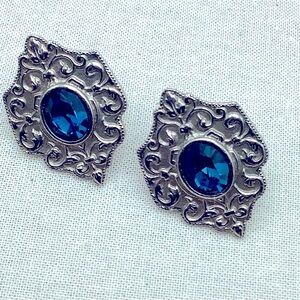 Vintage 1928 Brand Silver pierced Earrings with Blue Gem